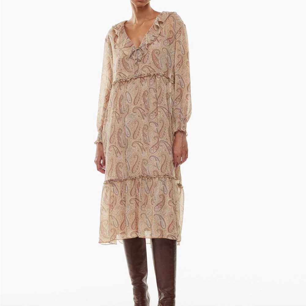 Wilfred Julia Beige Paisley Ruffle V-Neck Midi Dress